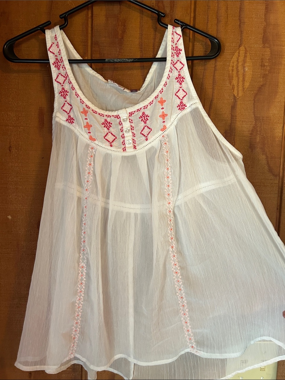 SO White Sheer Embroidered Camisole with Pink Accents